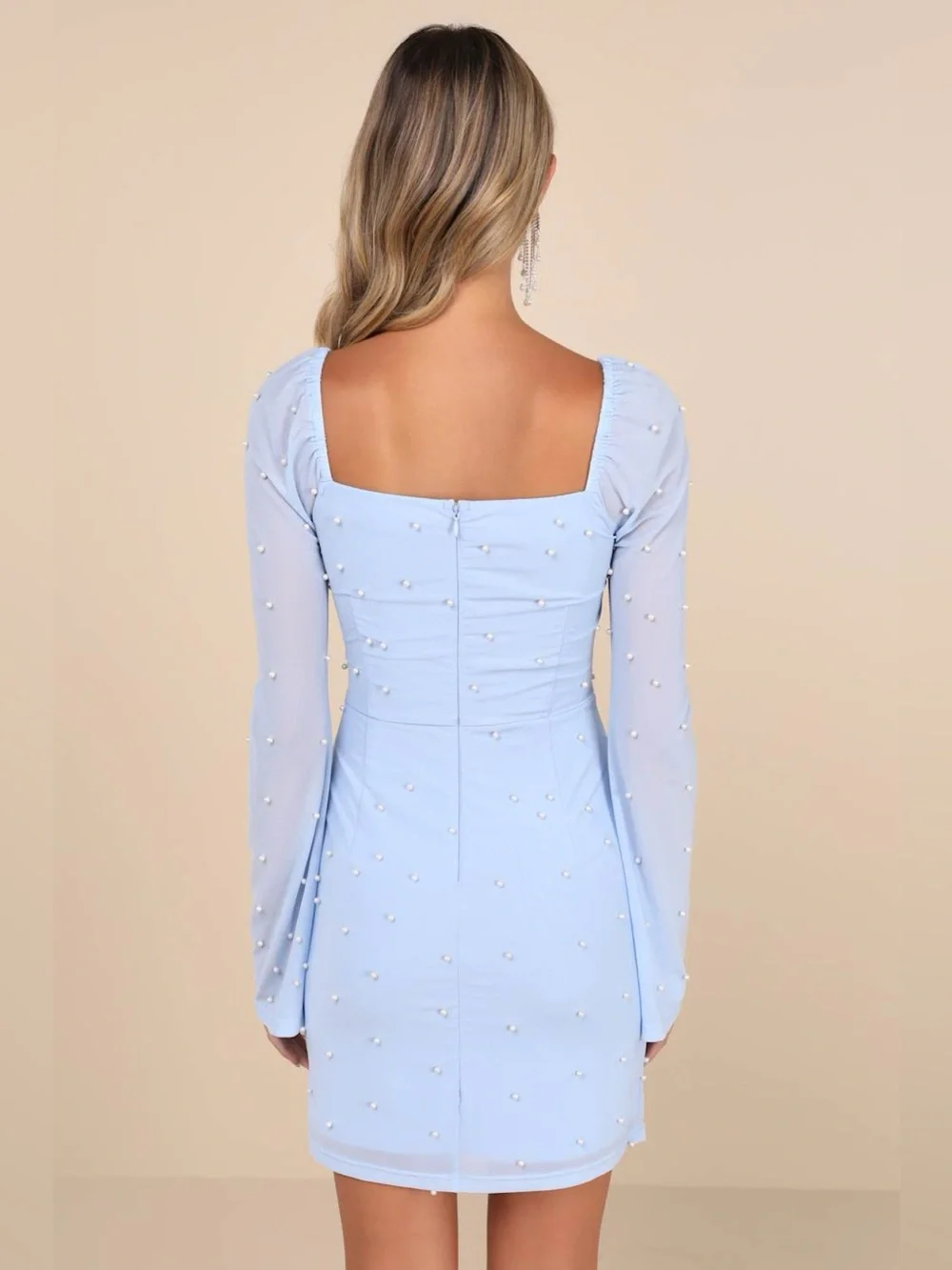 LULU'S Flirty Luxury Light Blue Mesh Pearl Long Sleeve Mini Dress